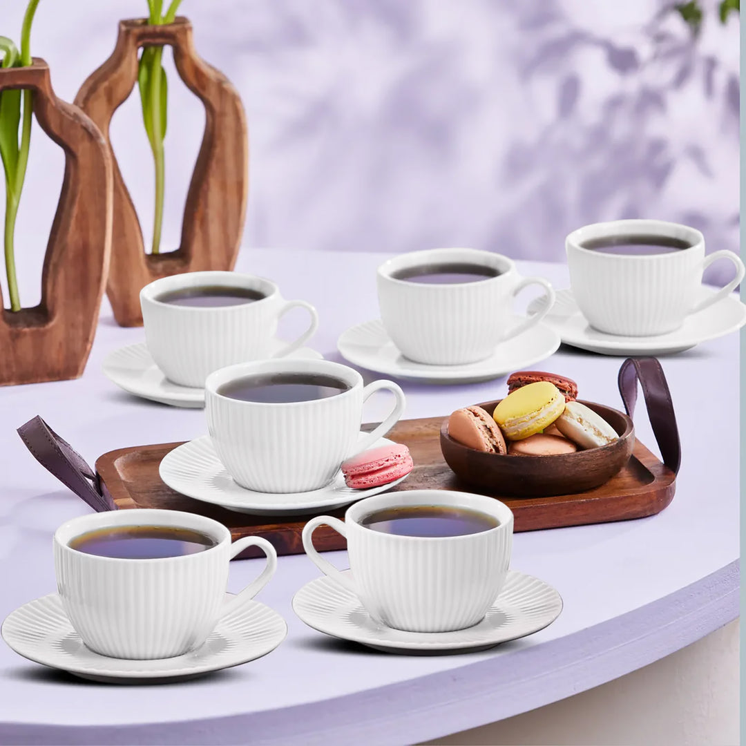 Seashell 12 Piece Porcelain Tea Cup and Saucer Set for 6 People, 200ml, White