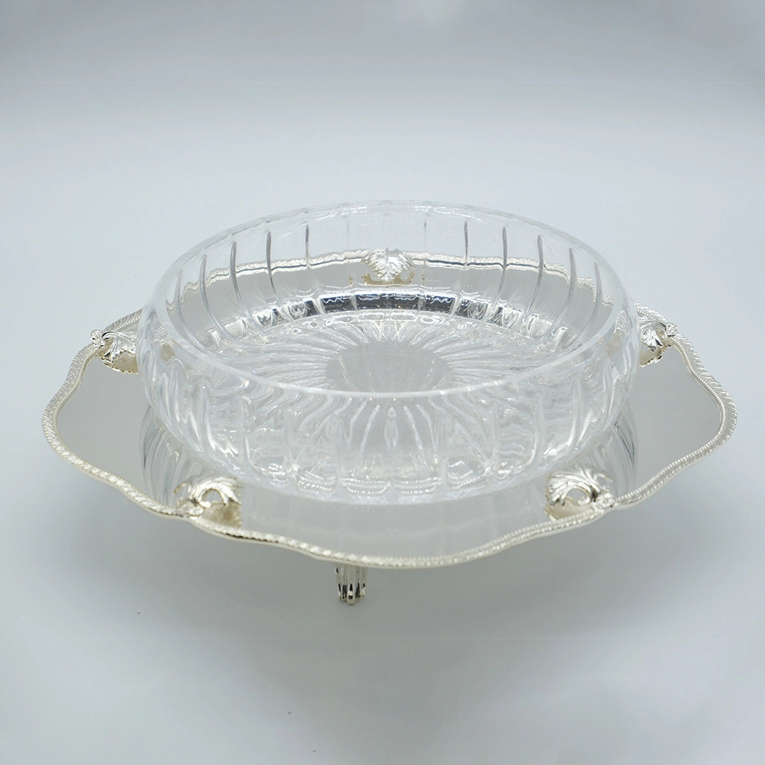 Silver Plated Round Scalloped Server with Glass Bowl