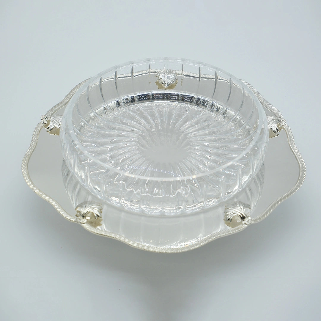 Silver Plated Round Scalloped Server with Glass Bowl