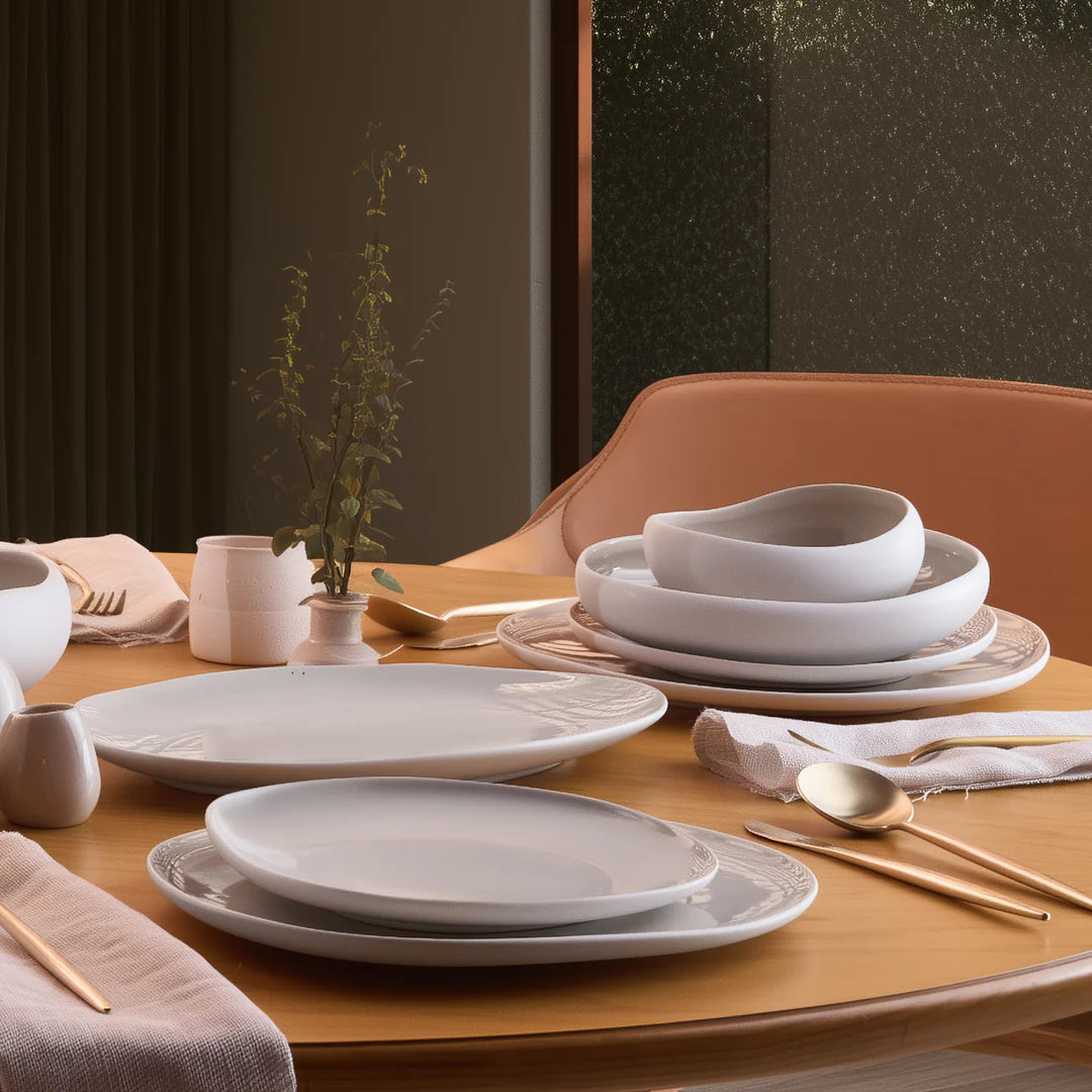 Earth Collection New Cupid 55-Piece Stoneware Dinner Set for 12 People, Cream