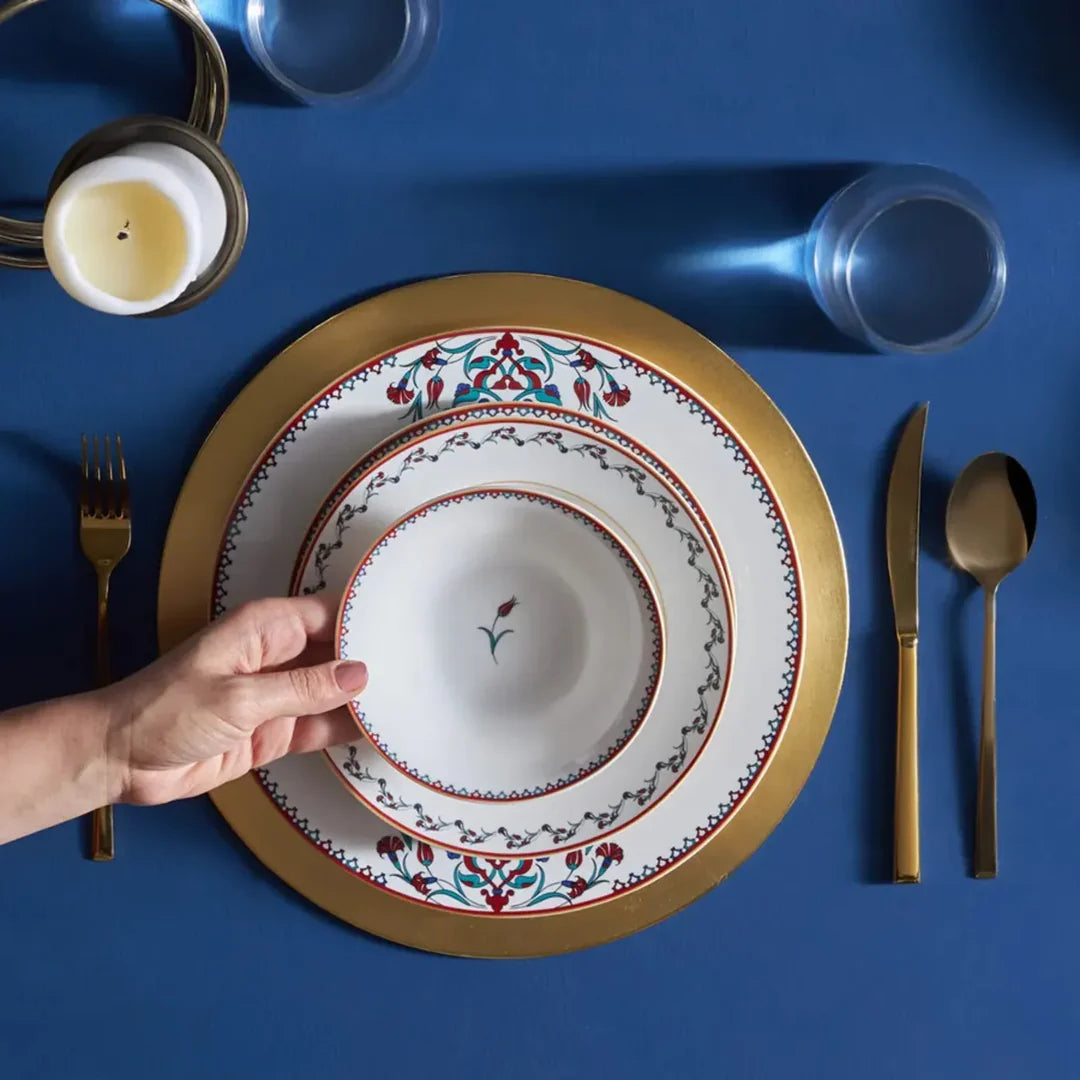 Nakkaş 24-Piece Bone China Dinner Set for 6 People, White Multi