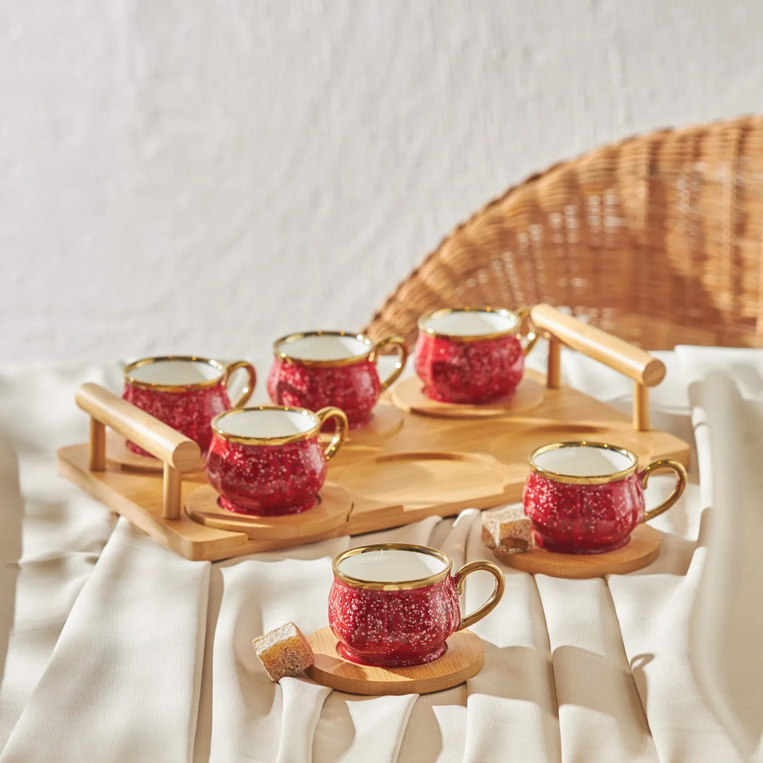 12-Piece Bone China Espresso Turkish Coffee Cup Set with Bamboo Tray for 6 People, 90ml, Red Multi