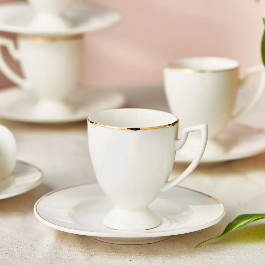 Boyoz 12-Piece Porcelain Espresso Turkish Coffee Cup Set for 6 People, 85ml, White Gold