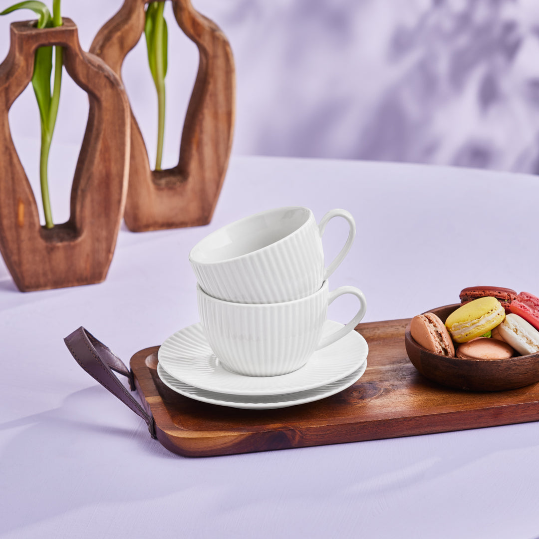 Seashell 12 Piece Porcelain Tea Cup and Saucer Set for 6 People, 200ml, White