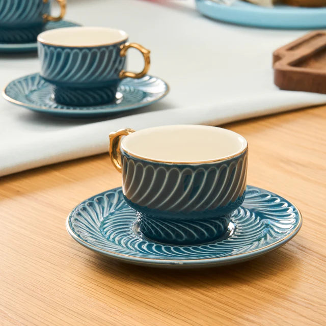 Olympian 12-Piece Porcelain Turkish Coffee Cup Set for 6 People, 90ml, Blue