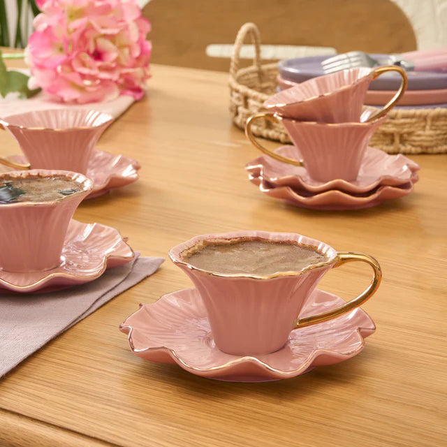 Bliss 12-Piece Porcelain Turkish Coffee Cup Set for 6 People, 90ml, Pink
