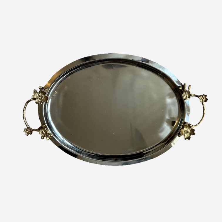 Anthropologie Stainless Steel Tray with Brass Colored Floral Handles