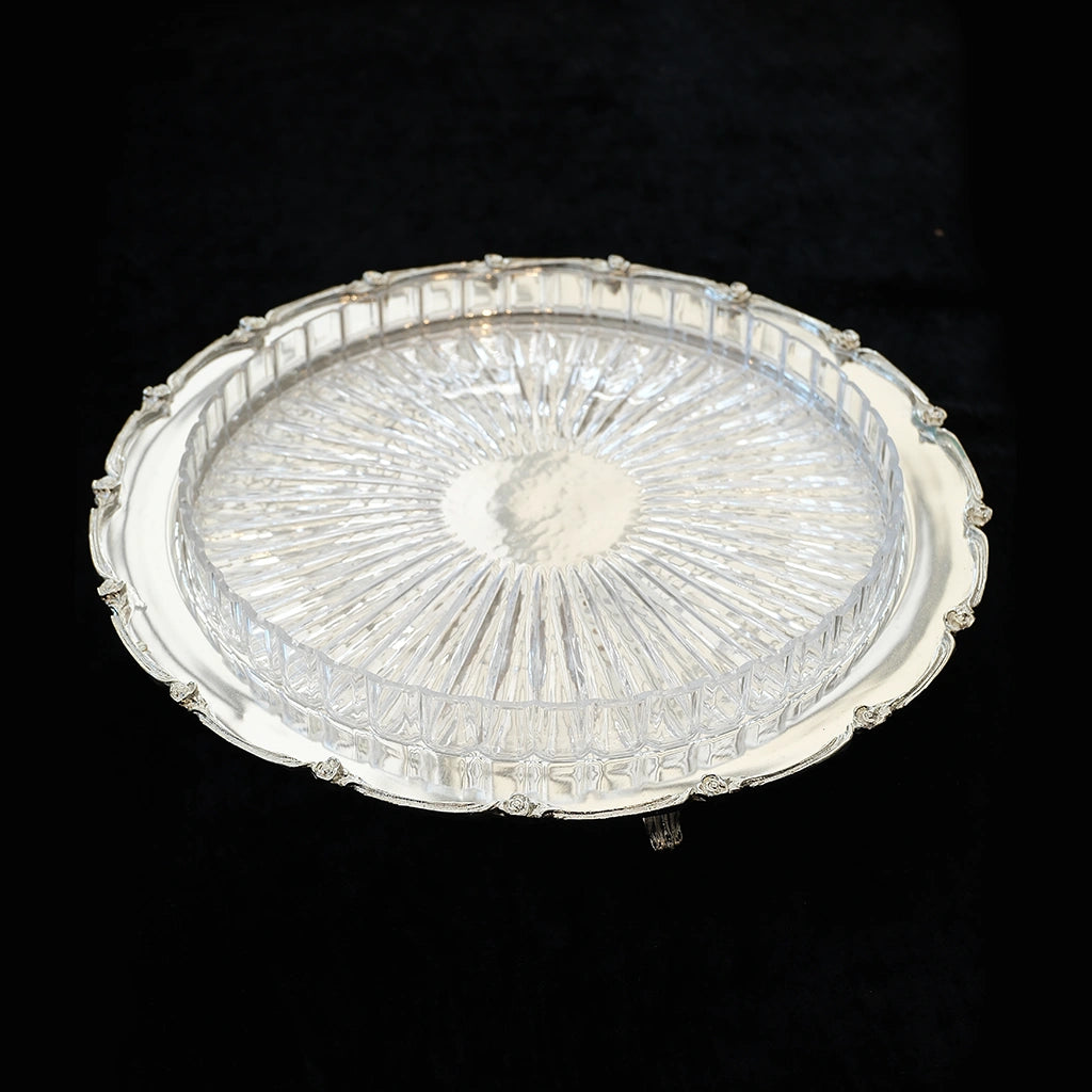 Silver Plated Round Floral with Glass Plate