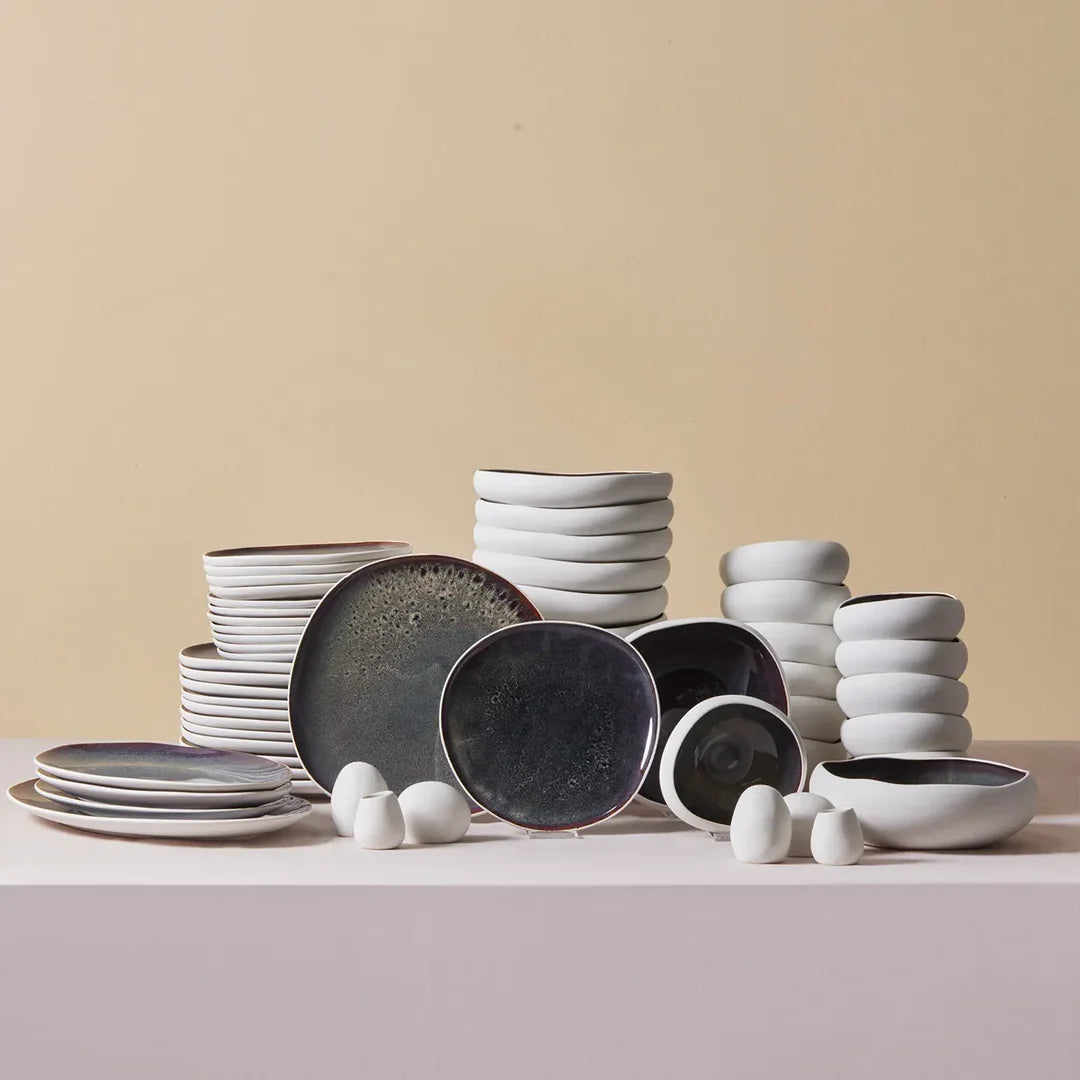 Red Carpet Earth Collection New Galactic Reactive Glaze 59-Piece Dinner Set for 12 People, White