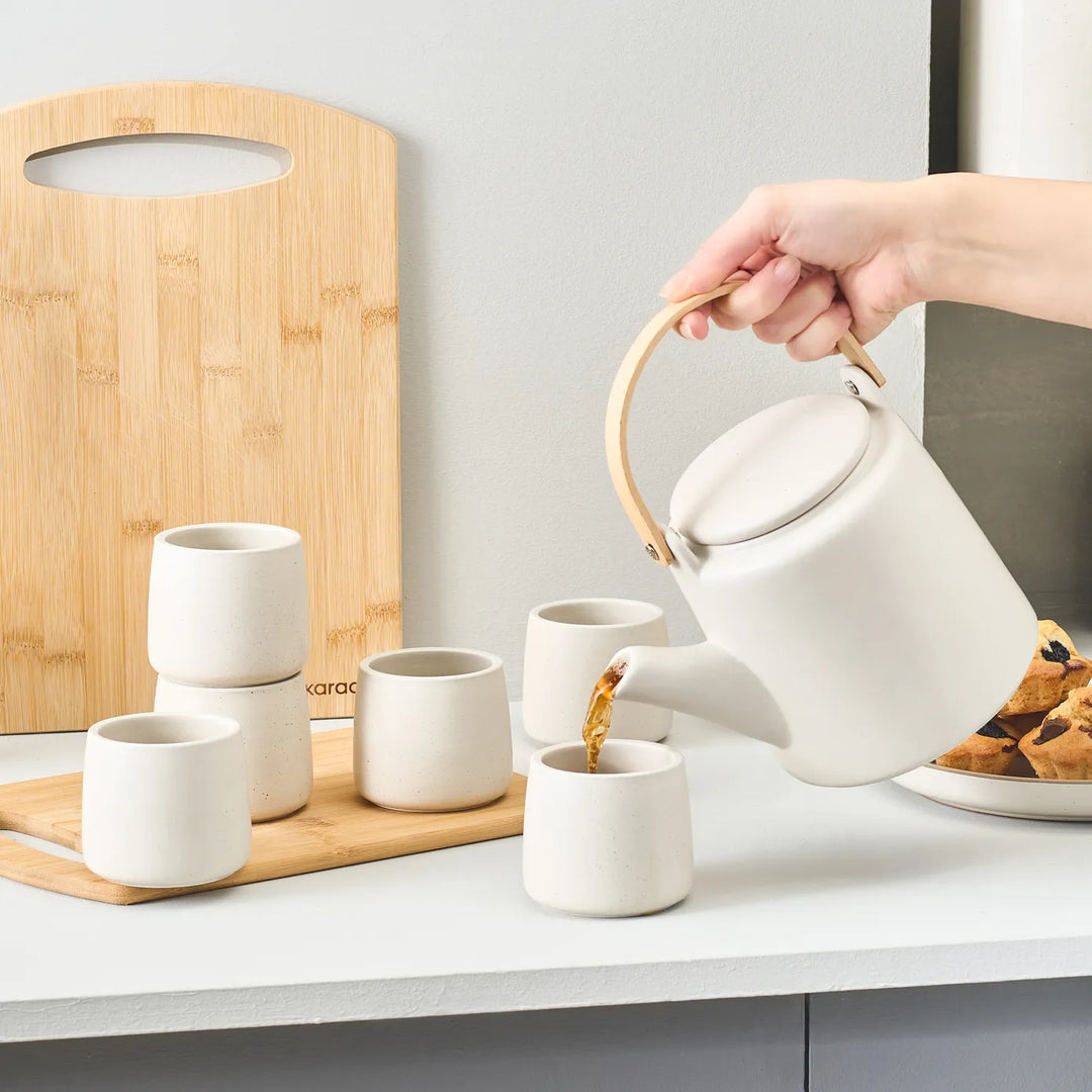 Yuuki 7-Piece Ceramic Tea Cup Set for 6 People, Beige