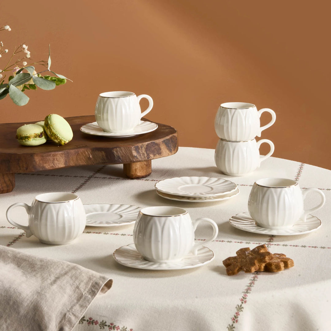 Eylul 12-Piece Bone China Espresso Turkish Coffee Cup Set for 6 People, 85ml, White