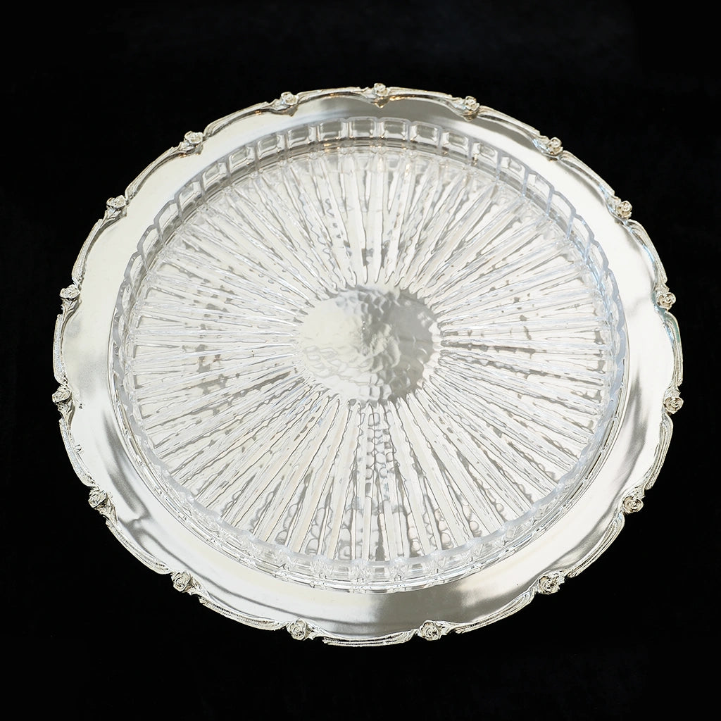 Silver Plated Round Floral with Glass Plate