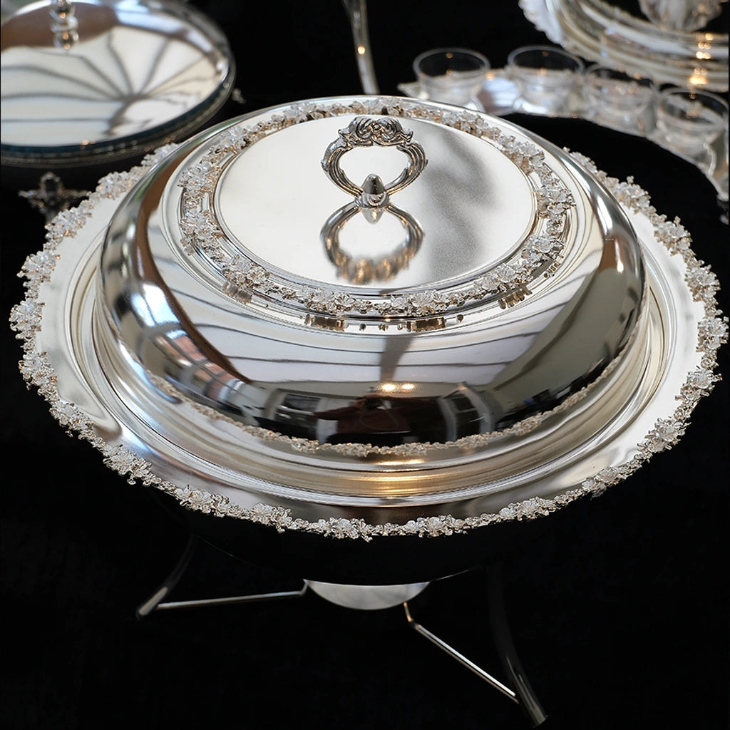 Silver Plated Round Buffet Server with Crystal Detailing