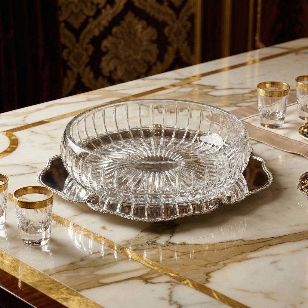 Silver Plated Round Scalloped Server with Glass Bowl