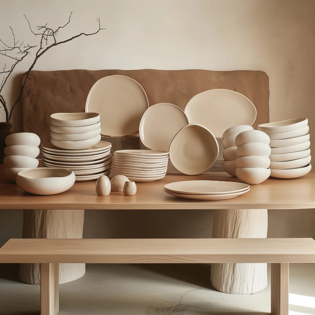 Earth Collection New Cupid 55-Piece Stoneware Dinner Set for 12 People, Cream